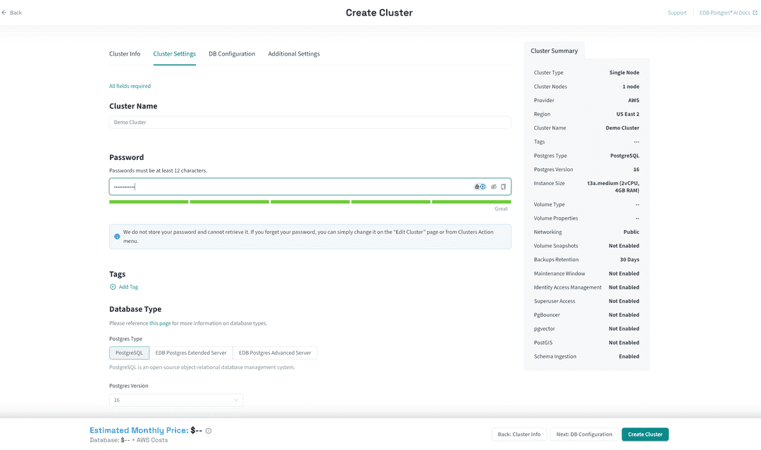 Quickstart Create Cluster - Cluster Settings